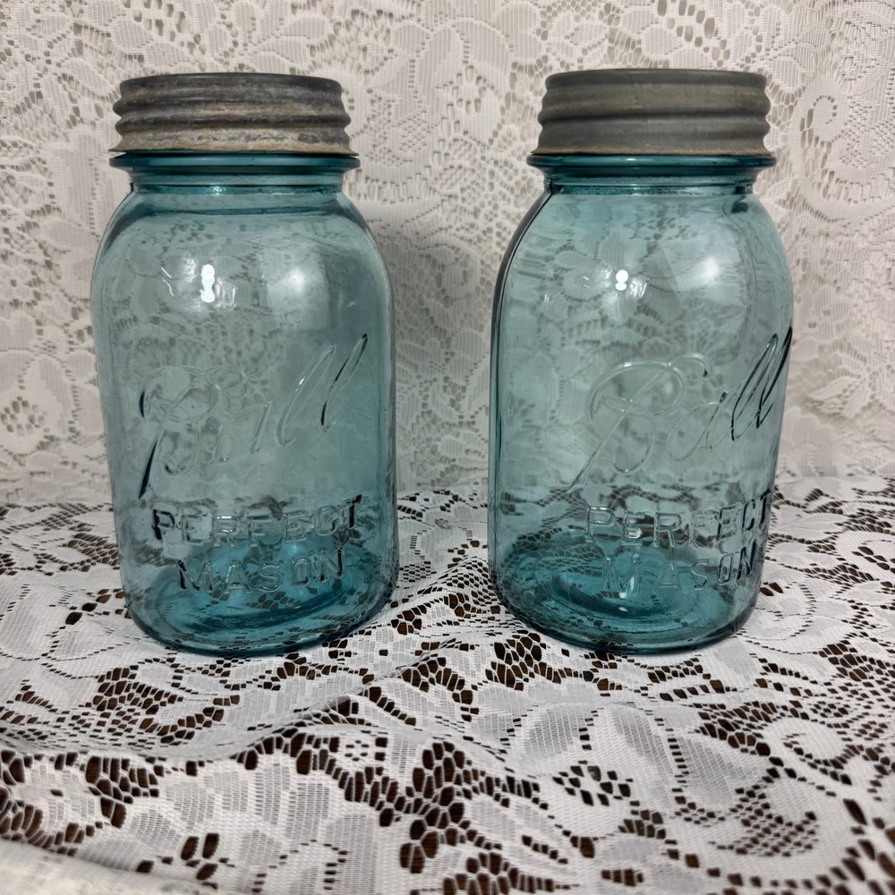 Vintage Ball Perfect Mason Jars Aqua Blue Glass Zinc Lids Set of 2 Americana